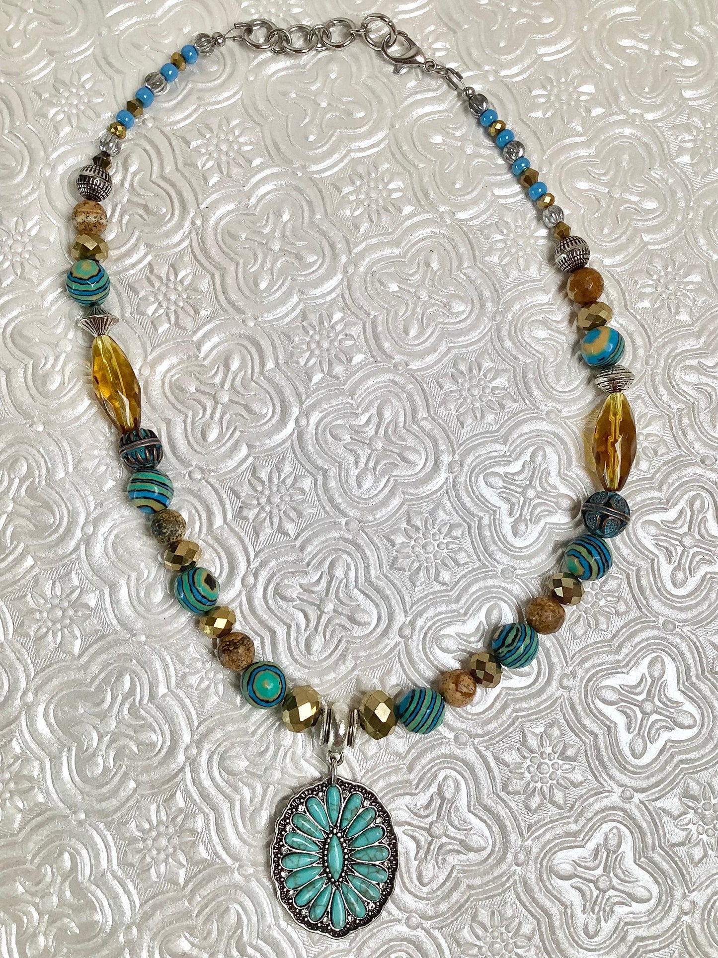 Reconstituted Turquoise & Natural Picture Jasper Stone Necklace W/ Pendant